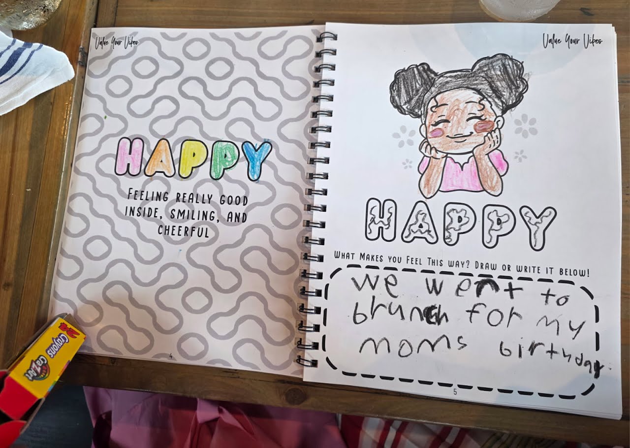 Open notebook with illustrations and text on a wooden surface