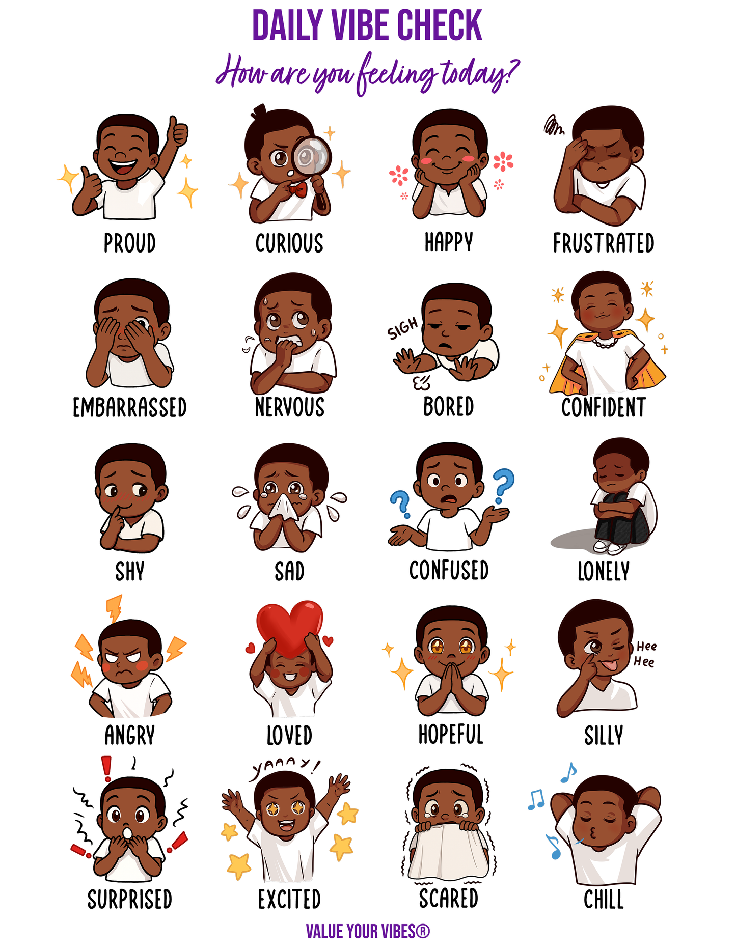 Daily Vibe Check Charts - Printable Feelings Chart (Digital Download, 5 Sizes) - Child