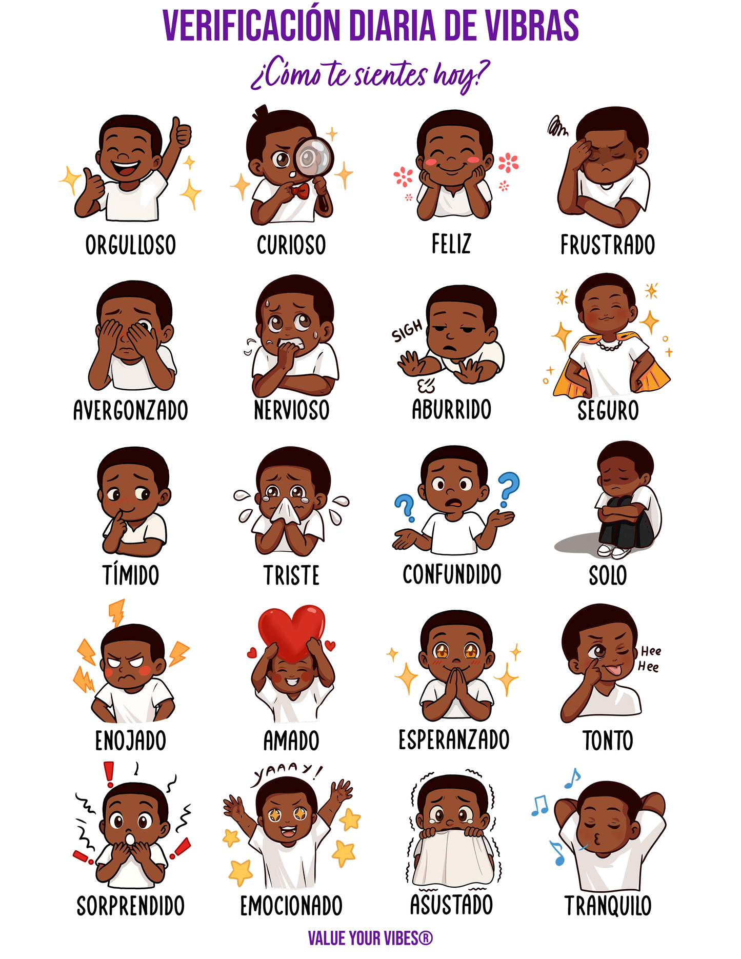 Daily Vibe Check Charts - Printable SPANISH Feelings Chart (Digital Download, 5 Sizes) - Child