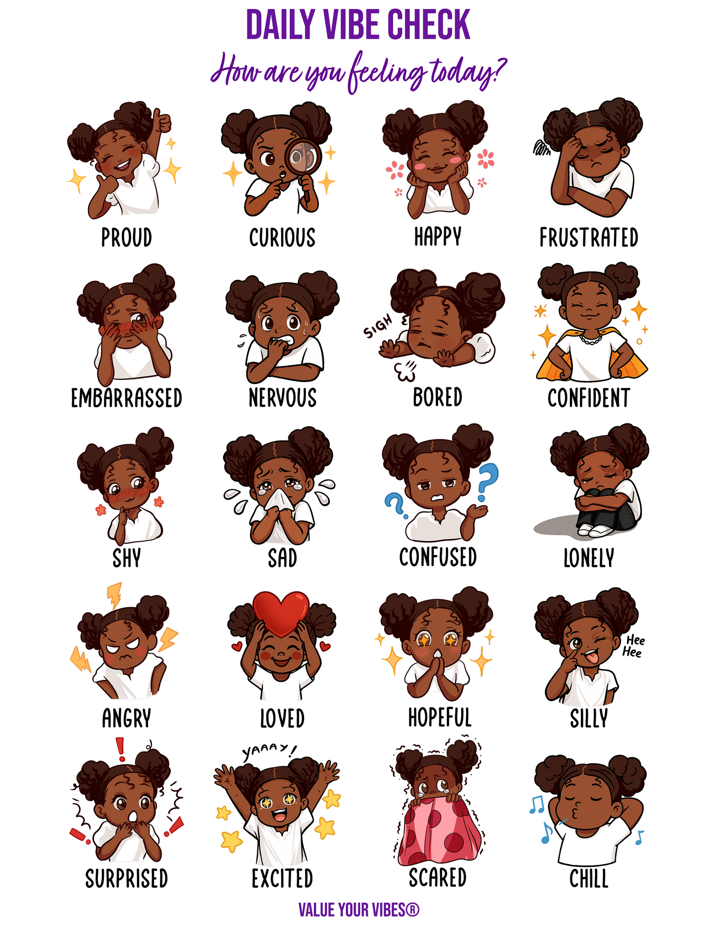 Daily Vibe Check Charts - Printable Feelings Chart (Digital Download, 5 Sizes) - Child