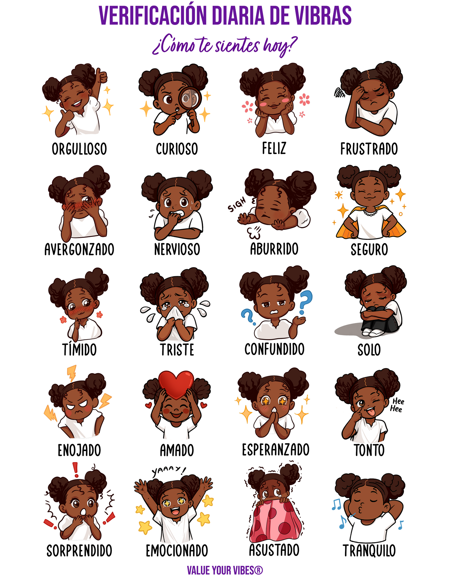 Daily Vibe Check Charts - Printable SPANISH Feelings Chart (Digital Download, 5 Sizes) - Child