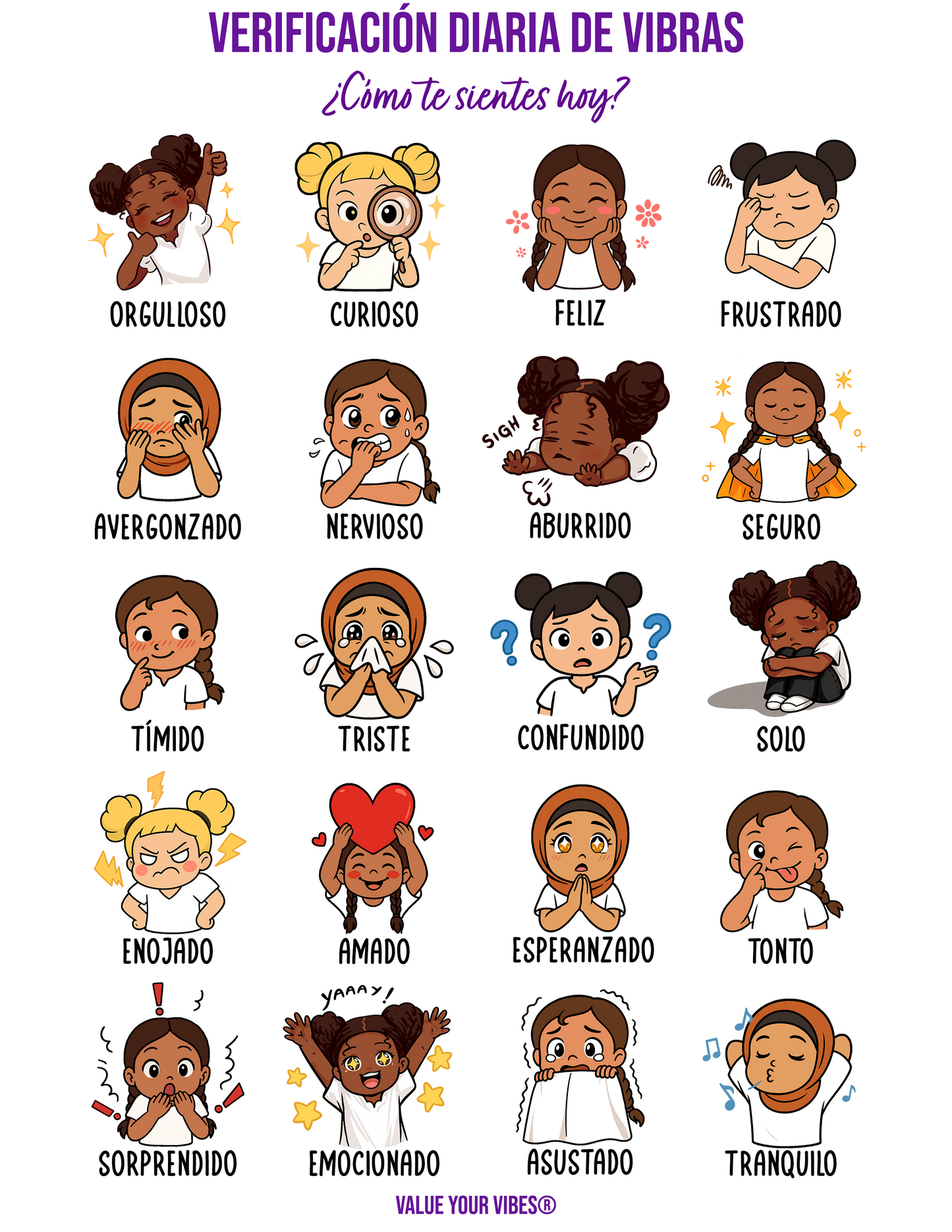 Daily Vibe Check Charts - Multicultural Child SPANISH Feelings Chart (Digital Download, 5 Sizes)