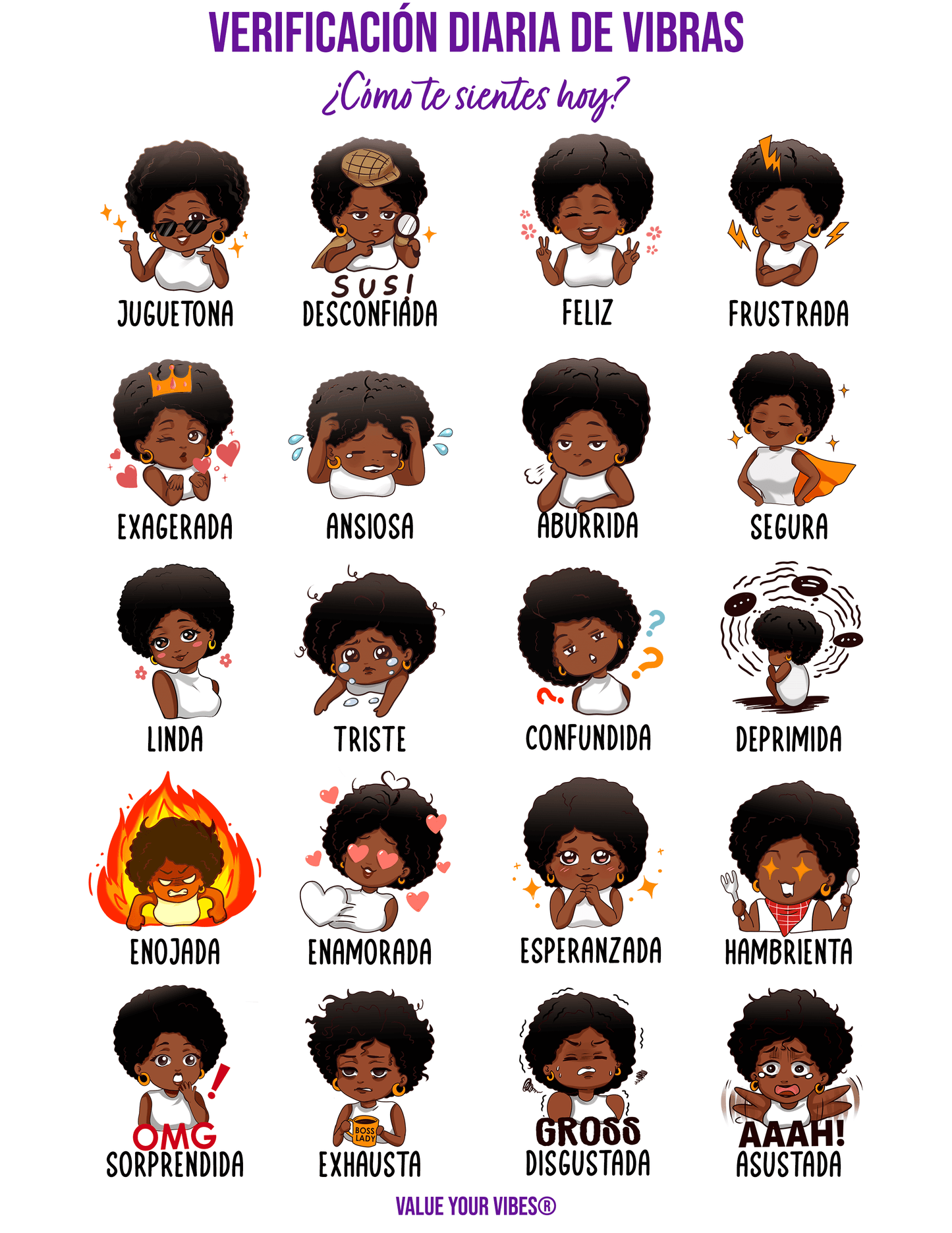 Daily Vibe Check Charts - Printable Spanish Feelings Chart (Digital Download, 5 Sizes) - Female