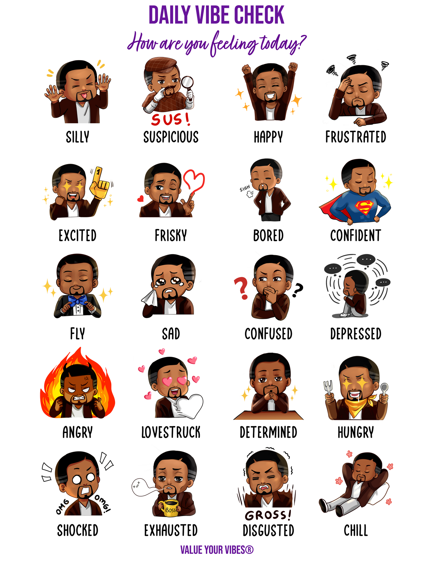Daily Vibe Check Charts - Printable Feelings Chart (Digital Download, 5 Sizes) - Male