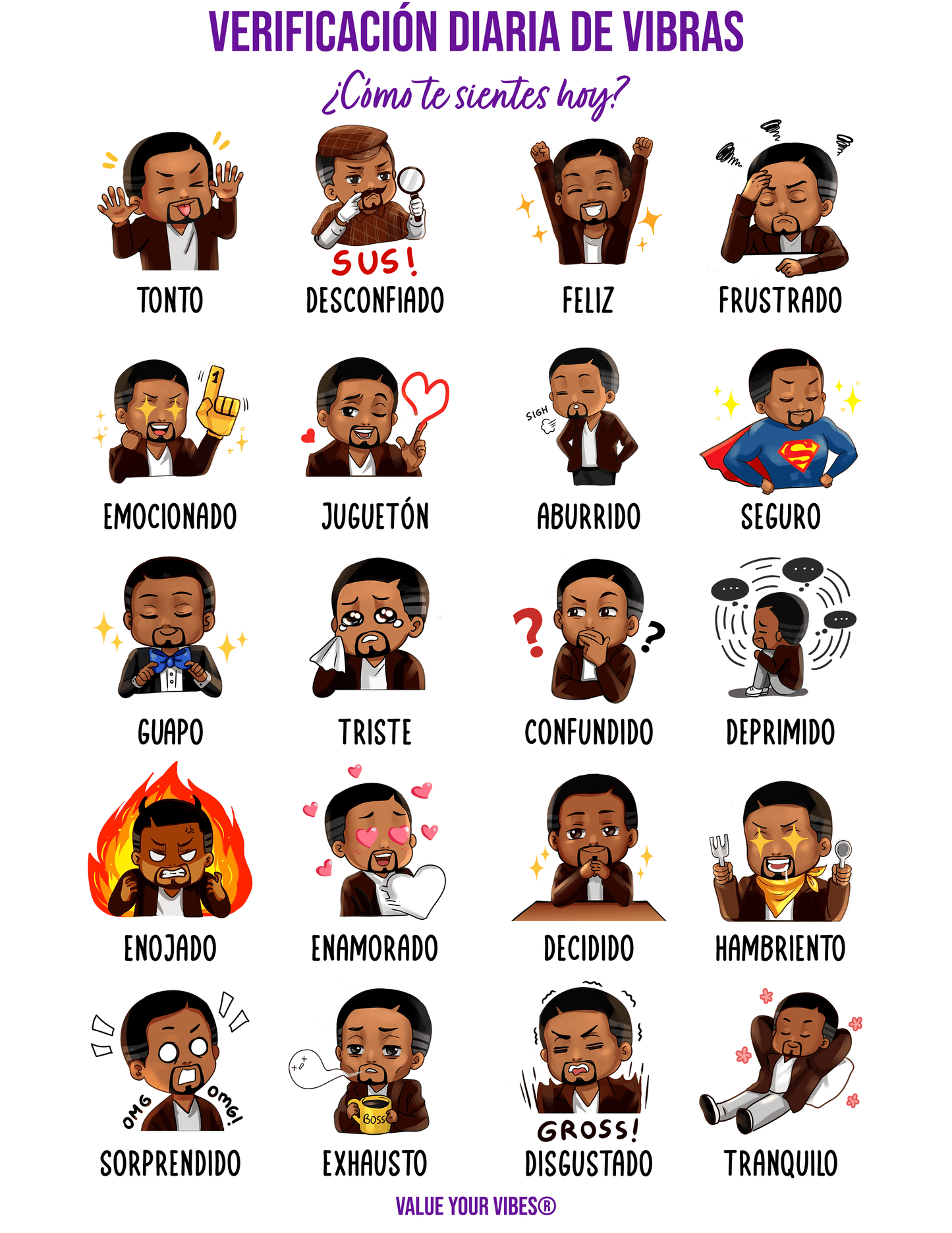 Daily Vibe Check Charts - Printable Spanish Feelings Chart (Digital Download, 5 Sizes) - Male