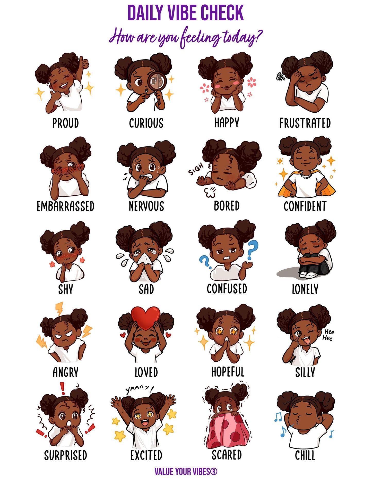Black Girls Feelings Chart: Daily Vibe Check, Emotions Poster (Downloadable PDF, 5 Sizes)