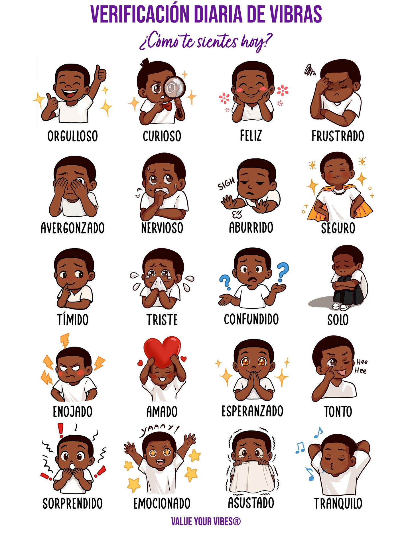 Spanish Feelings Chart for Black Boys & Girls: Daily Vibe Check Poster (Downloadable, 5 Sizes)