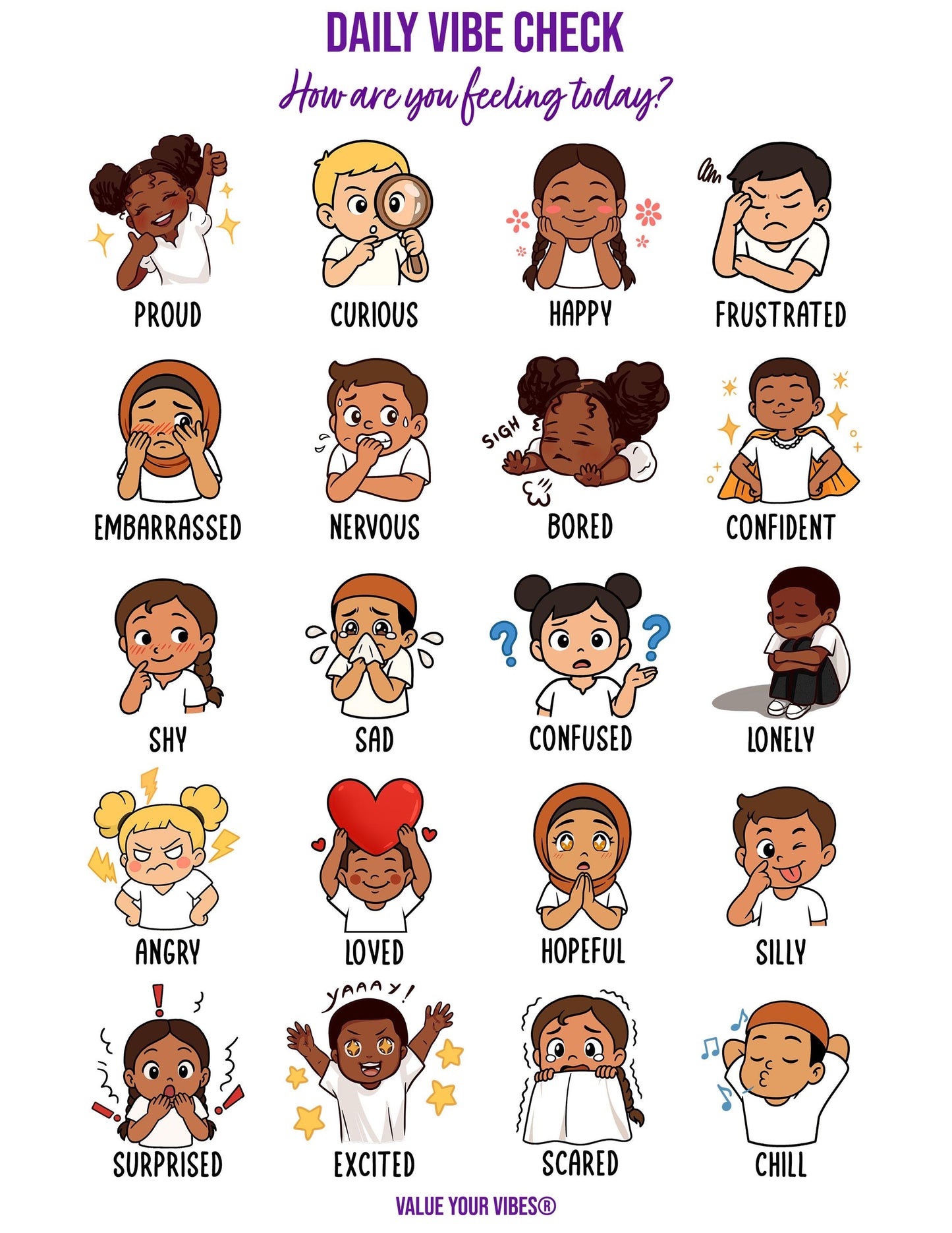 Multicultural Boys & Girls Feelings Chart: Daily Vibe Check, Emotions Poster (Downloadable PDF, 5 Sizes)