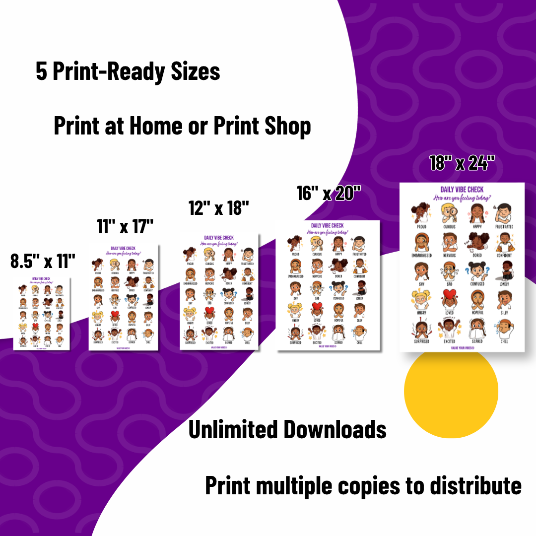 Daily Vibe Check Charts - Multicultural Child Feelings Chart (Digital Download, 5 Sizes)