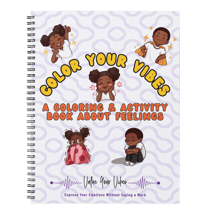 Color Your Vibes coloring and activity book cover with cartoon characters and text.