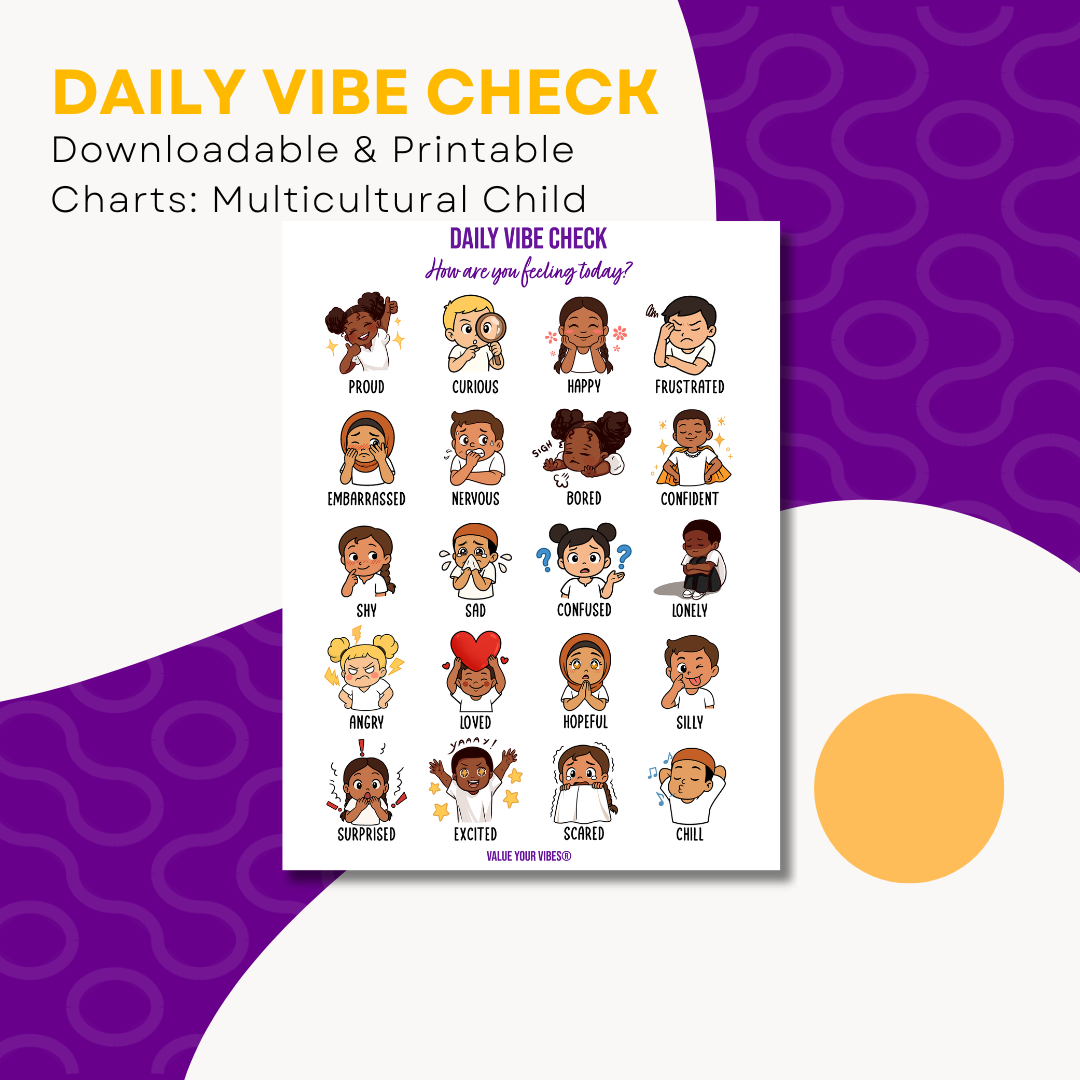 Daily Vibe Check Charts - Multicultural Child Feelings Chart (Digital Download, 5 Sizes)