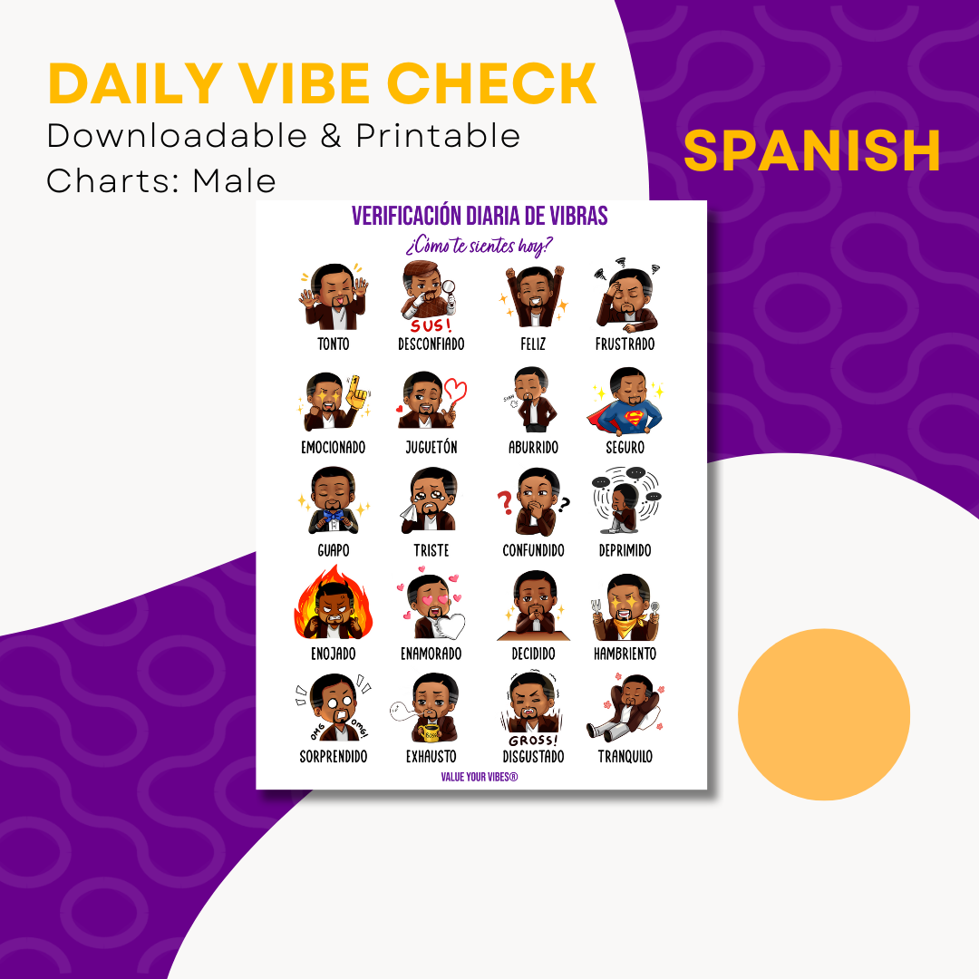 Daily Vibe Check Printable SPANISH Feelings Chart for Black Men