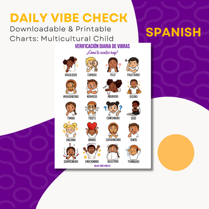 Daily Vibe Check Charts - Multicultural Child SPANISH Feelings Chart (Digital Download, 5 Sizes)