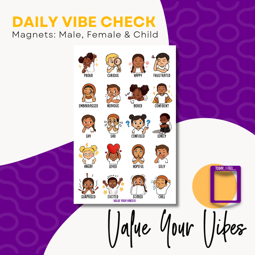 Daily Vibe Check Magnet - Multicultural Feelings, Emotions & Moods Chart - 8.5” x 5.5” - Two-Piece Magnet Set