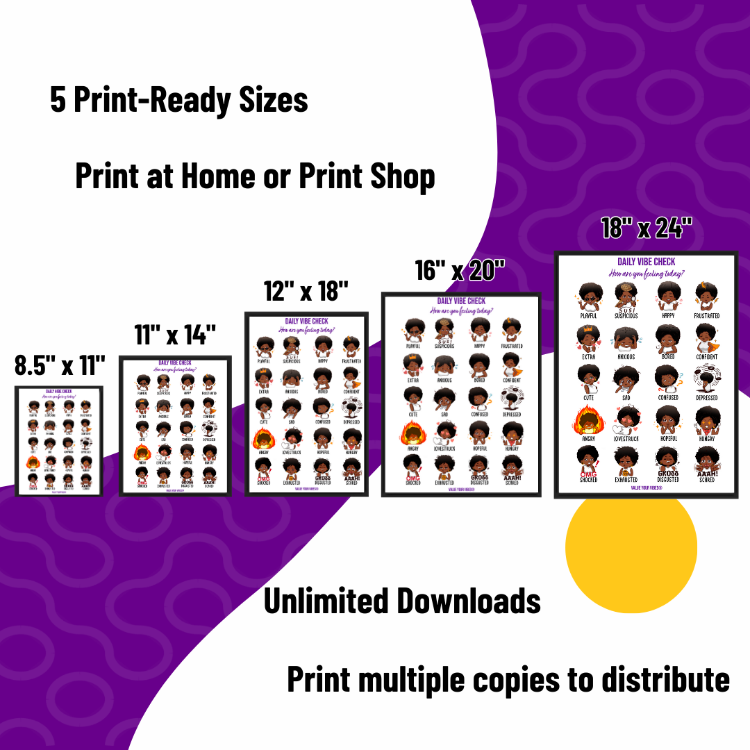 Daily Vibe Check Charts - Printable Feelings Chart (Digital Download, 5 Sizes) - Female