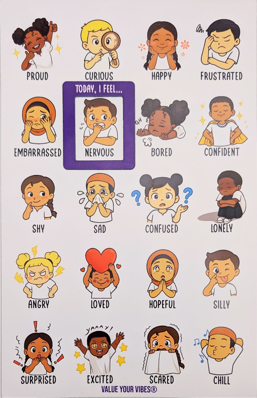 Daily Vibe Check Magnet - Multicultural Feelings, Emotions & Moods Chart - 8.5” x 5.5” - Two-Piece Magnet Set