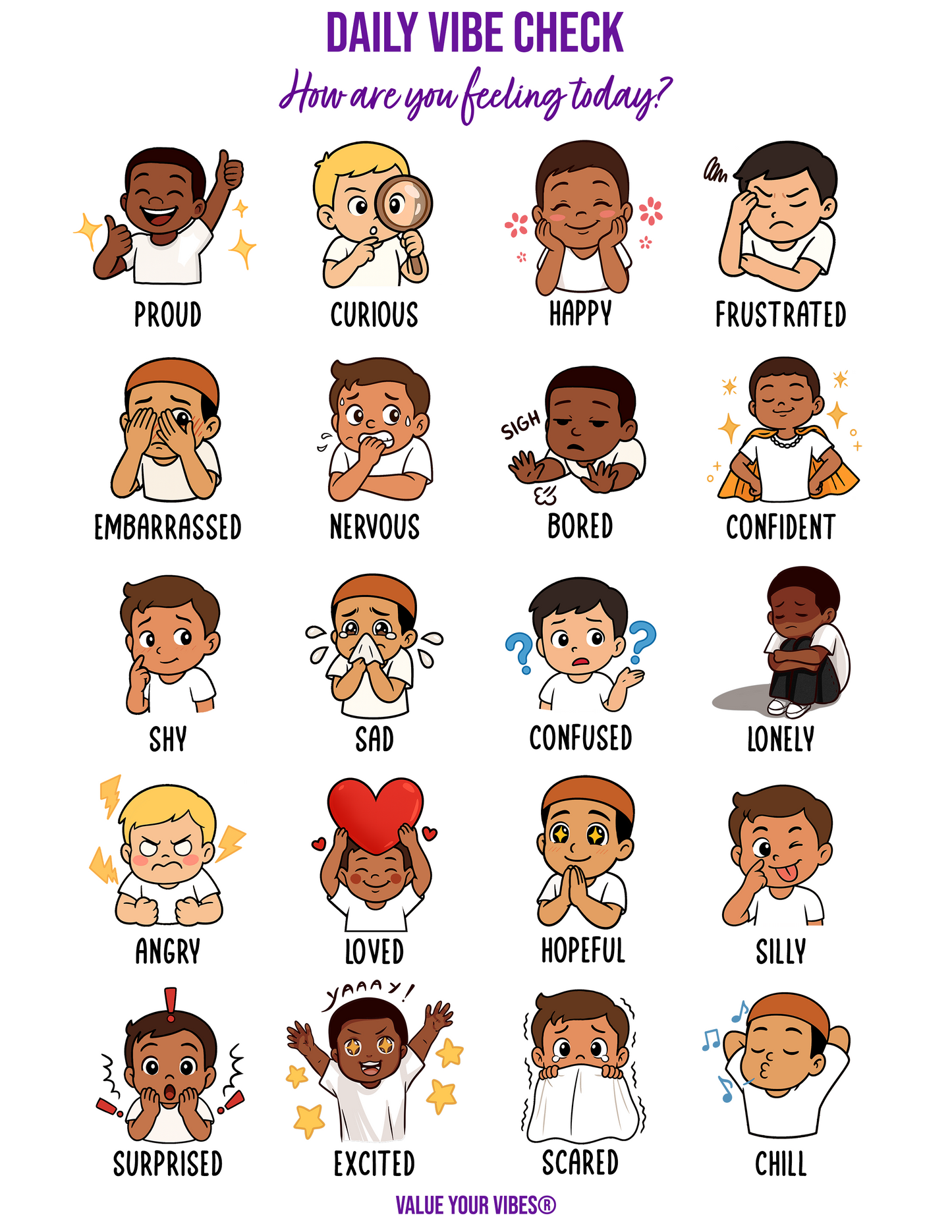 Daily Vibe Check Charts - Multicultural Child Feelings Chart (Digital Download, 5 Sizes)