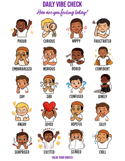 Daily Vibe Check Charts - Multicultural Child Feelings Chart (Digital Download, 5 Sizes)