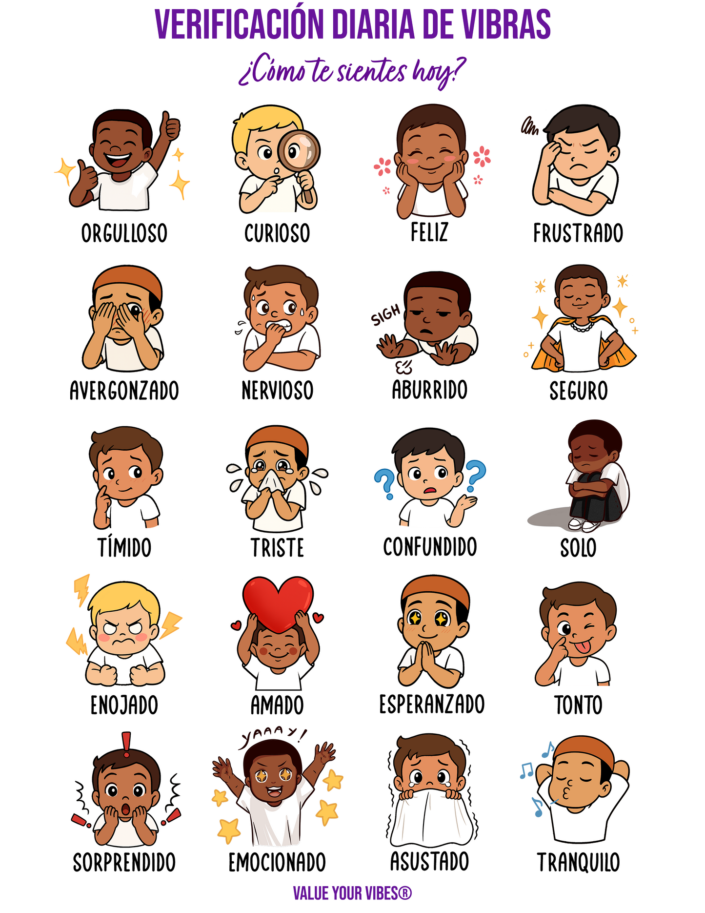 Daily Vibe Check Charts - Multicultural Child SPANISH Feelings Chart (Digital Download, 5 Sizes)