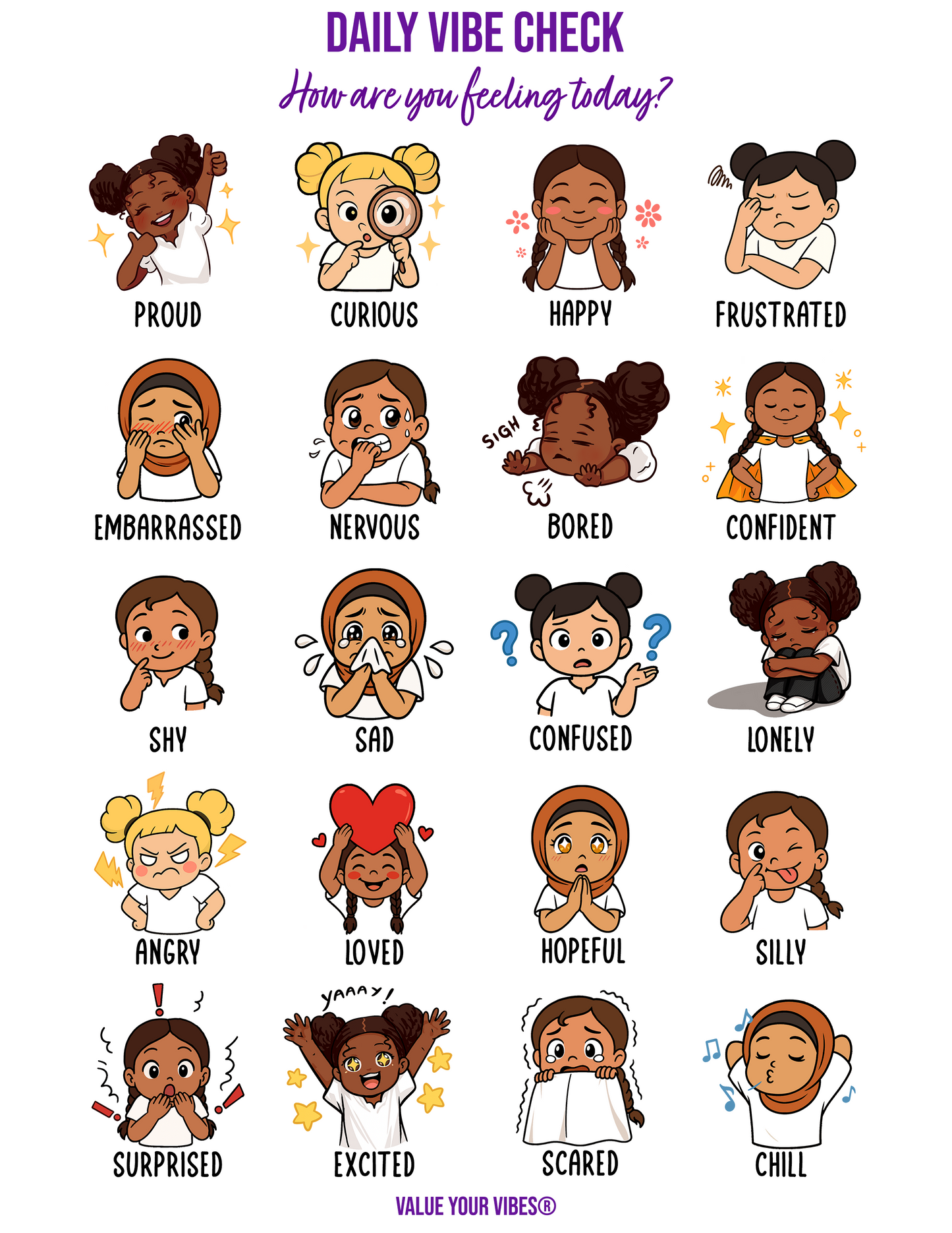 Daily Vibe Check Charts - Multicultural Child Feelings Chart (Digital Download, 5 Sizes)