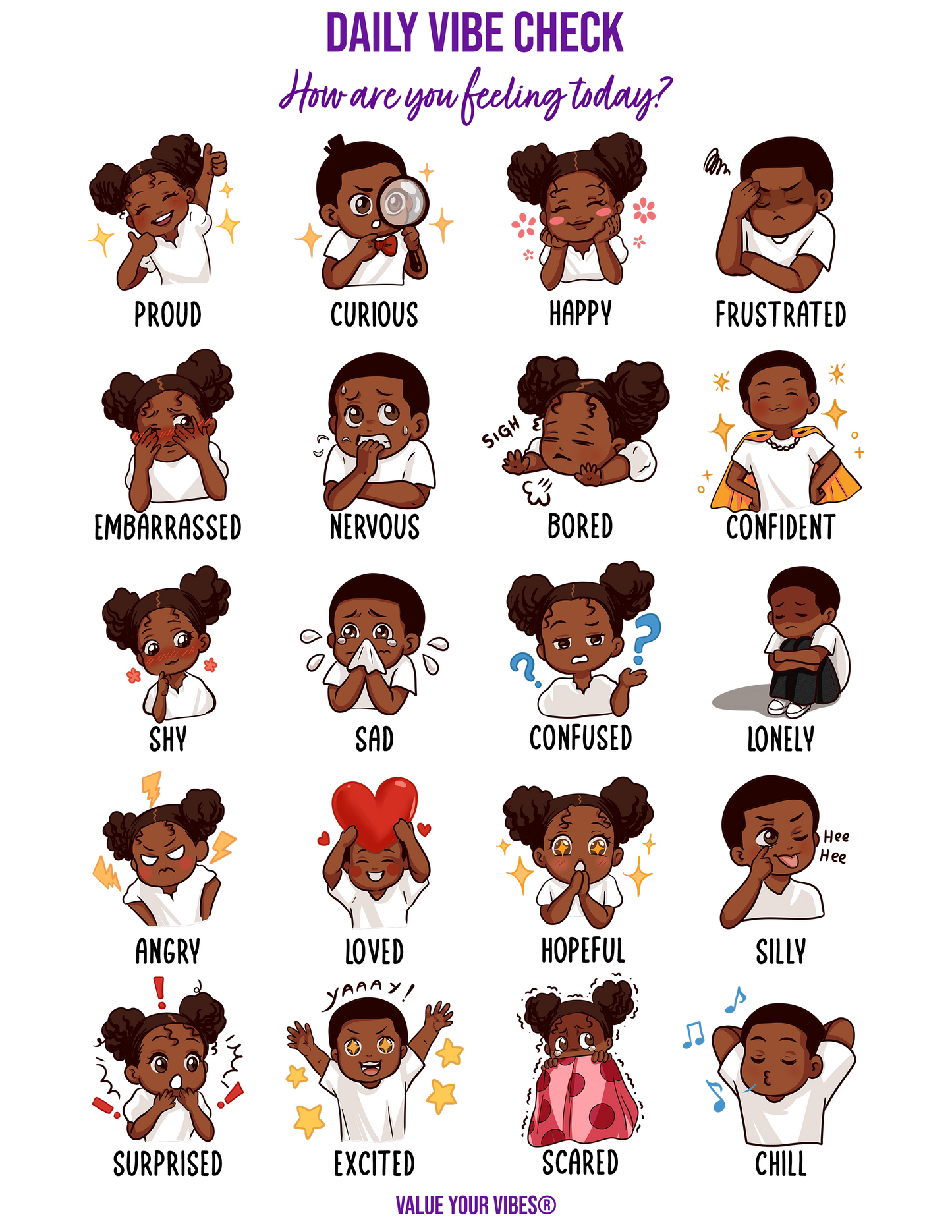 Black Boys & Girls Feelings Chart: Daily Vibe Check, Emotions Poster (Downloadable PDF, 5 Sizes)