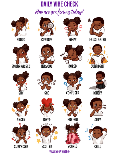Black Boys & Girls Feelings Chart: Daily Vibe Check, Emotions Poster (Downloadable PDF, 5 Sizes)