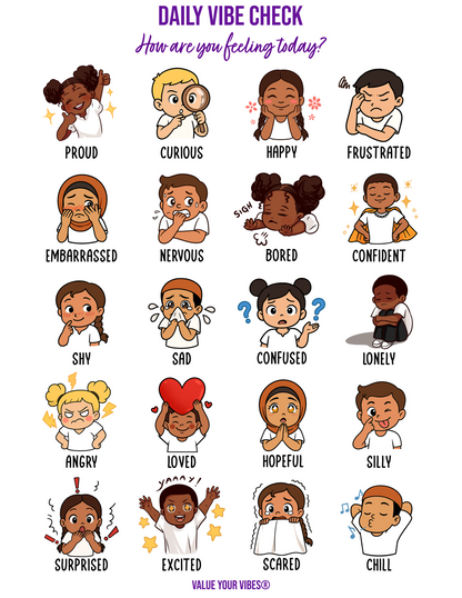 Daily Vibe Check Charts - Multicultural Child Feelings Chart (Digital Download, 5 Sizes)