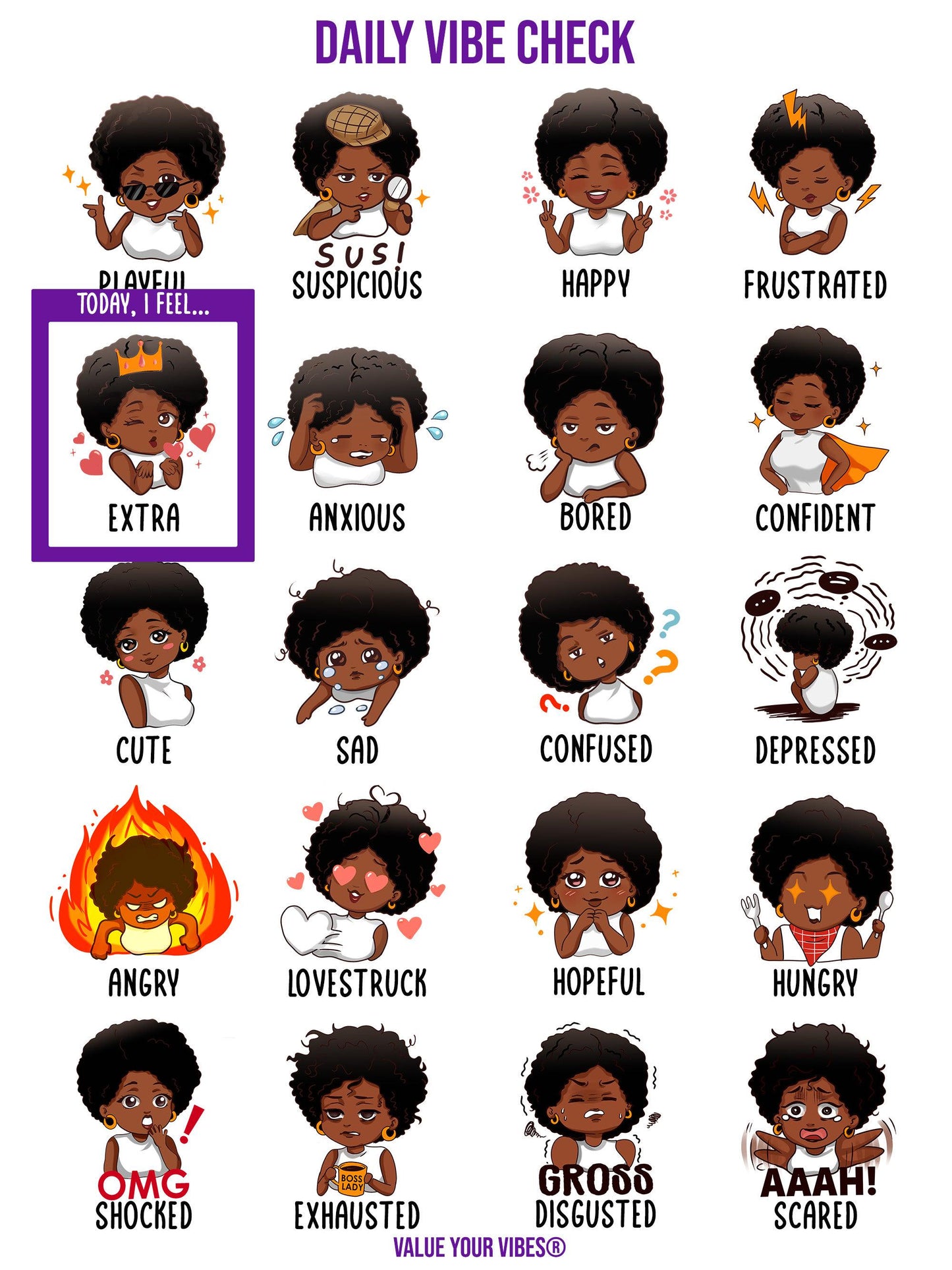 Daily Vibe Check Poster - Black Emotions, Feelings & Moods Chart - 18” x 24"