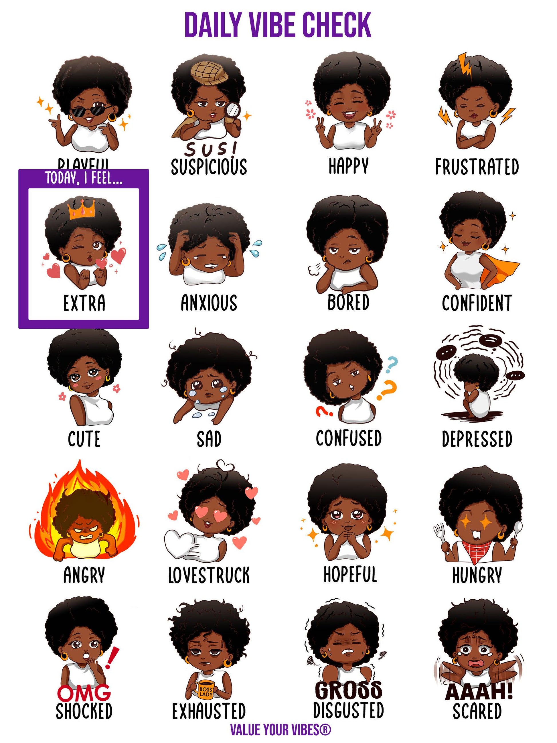 Daily Vibe Check Poster - Black Emotions, Feelings & Moods Chart - 18” x 24"