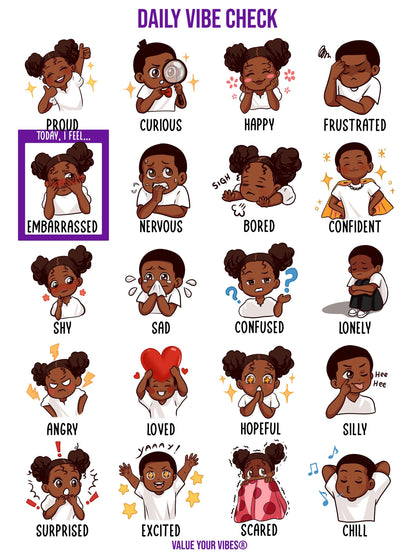 Daily Vibe Check Poster - Black Emotions, Feelings & Moods Chart - 18” x 24"