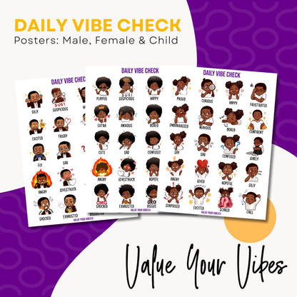 Daily Vibe Check Poster - Black Emotions, Feelings & Moods Chart - 18” x 24"