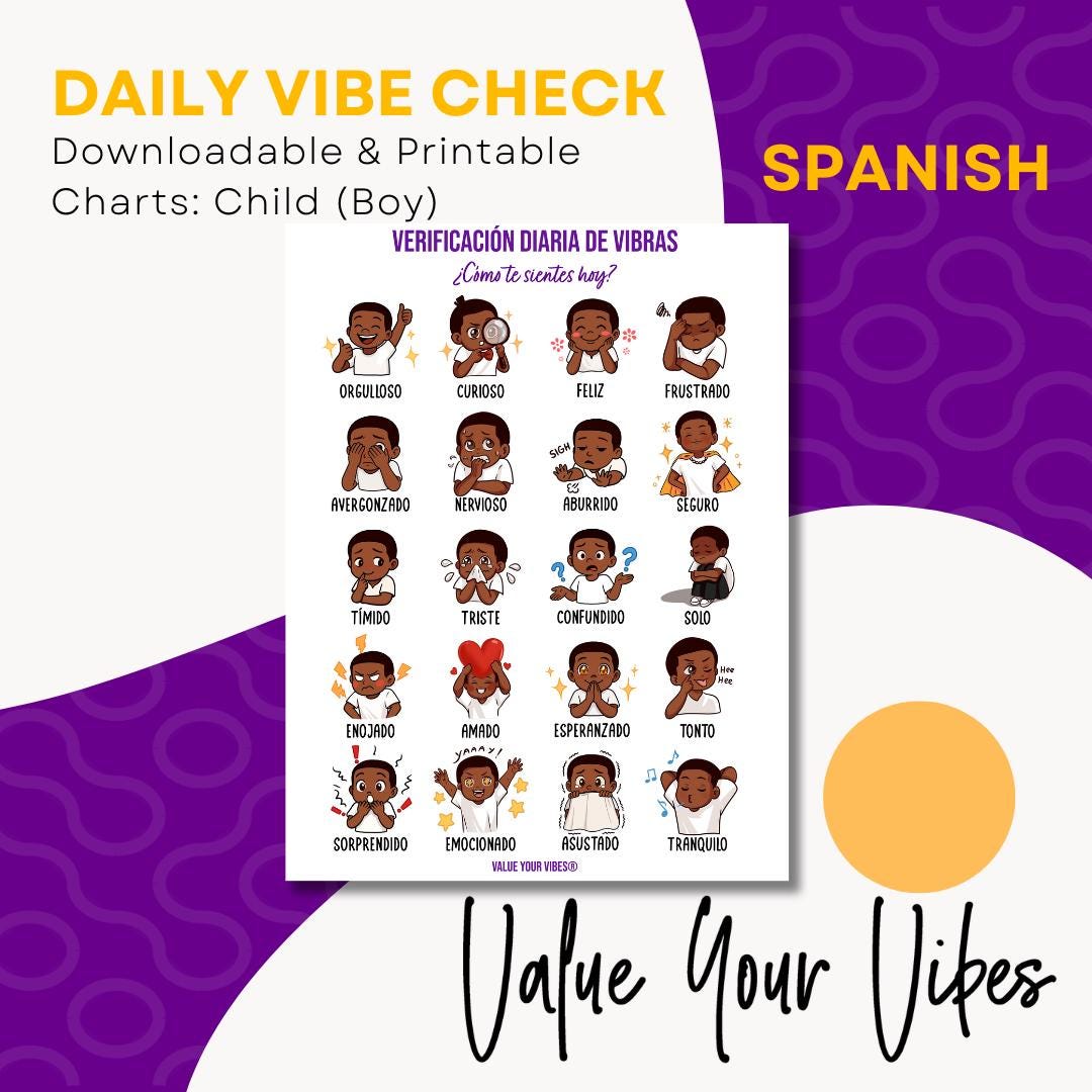 Spanish Feelings Chart for Black Boys: Daily Vibe Check Poster (Downloadable, 5 Sizes)