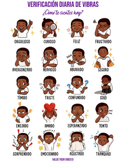 Spanish Feelings Chart for Black Boys: Daily Vibe Check Poster (Downloadable, 5 Sizes)