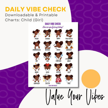 Black Girls Feelings Chart: Daily Vibe Check, Emotions Poster (Downloadable PDF, 5 Sizes)