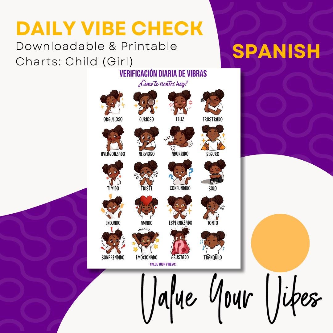 Spanish Feelings Chart for Black Girls: Daily Vibe Check Poster (Downloadable, 5 Sizes)