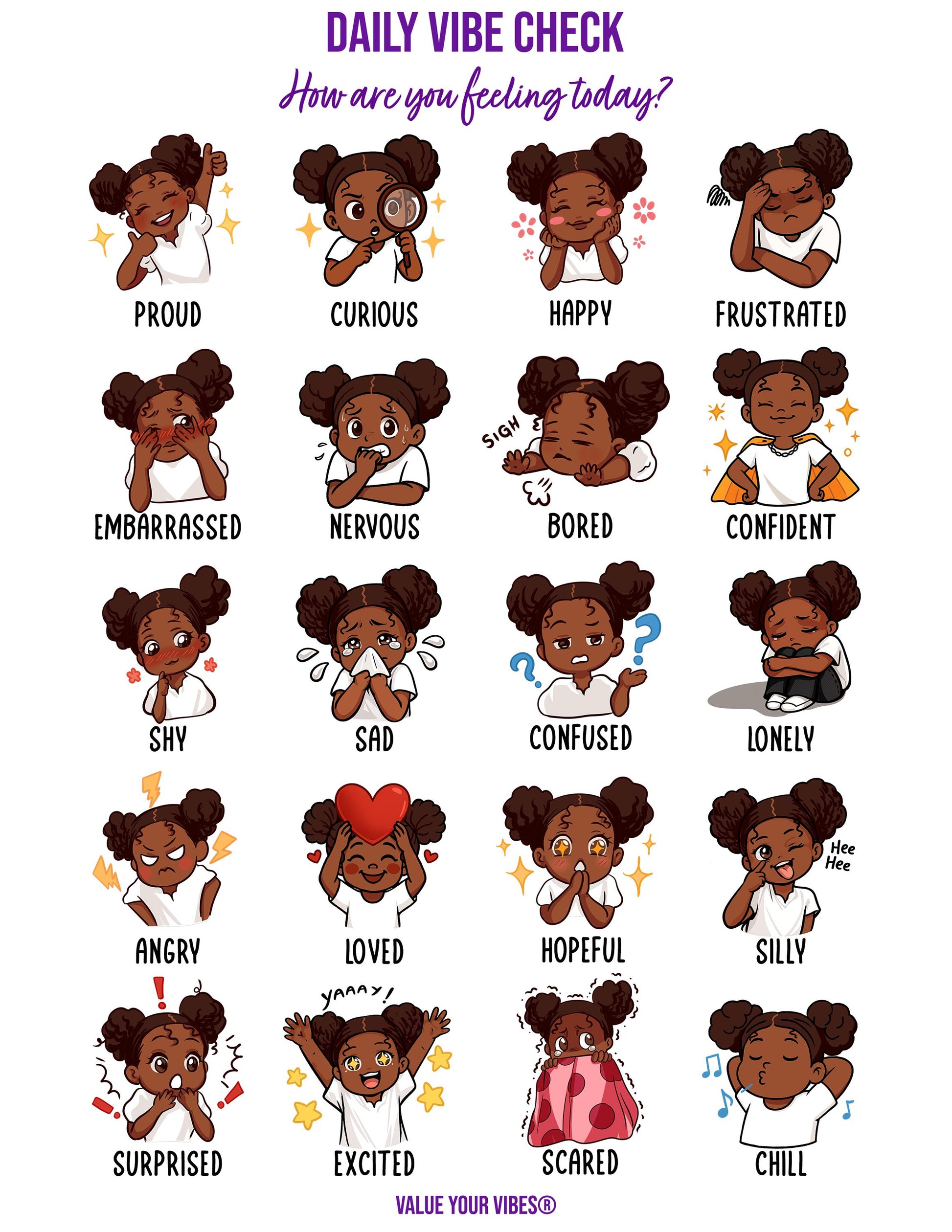 Black Girls Feelings Chart: Daily Vibe Check, Emotions Poster (Downloadable PDF, 5 Sizes)