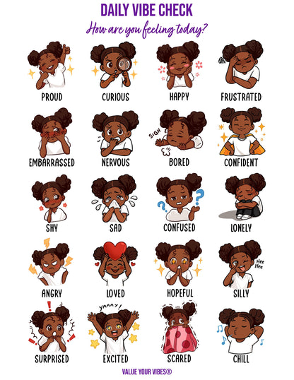 Black Girls Feelings Chart: Daily Vibe Check, Emotions Poster (Downloadable PDF, 5 Sizes)