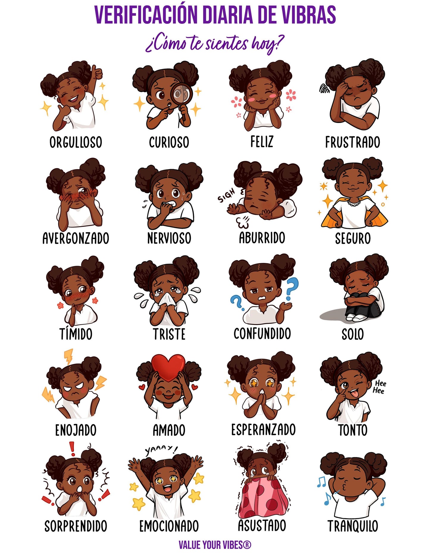Spanish Feelings Chart for Black Girls: Daily Vibe Check Poster (Downloadable, 5 Sizes)