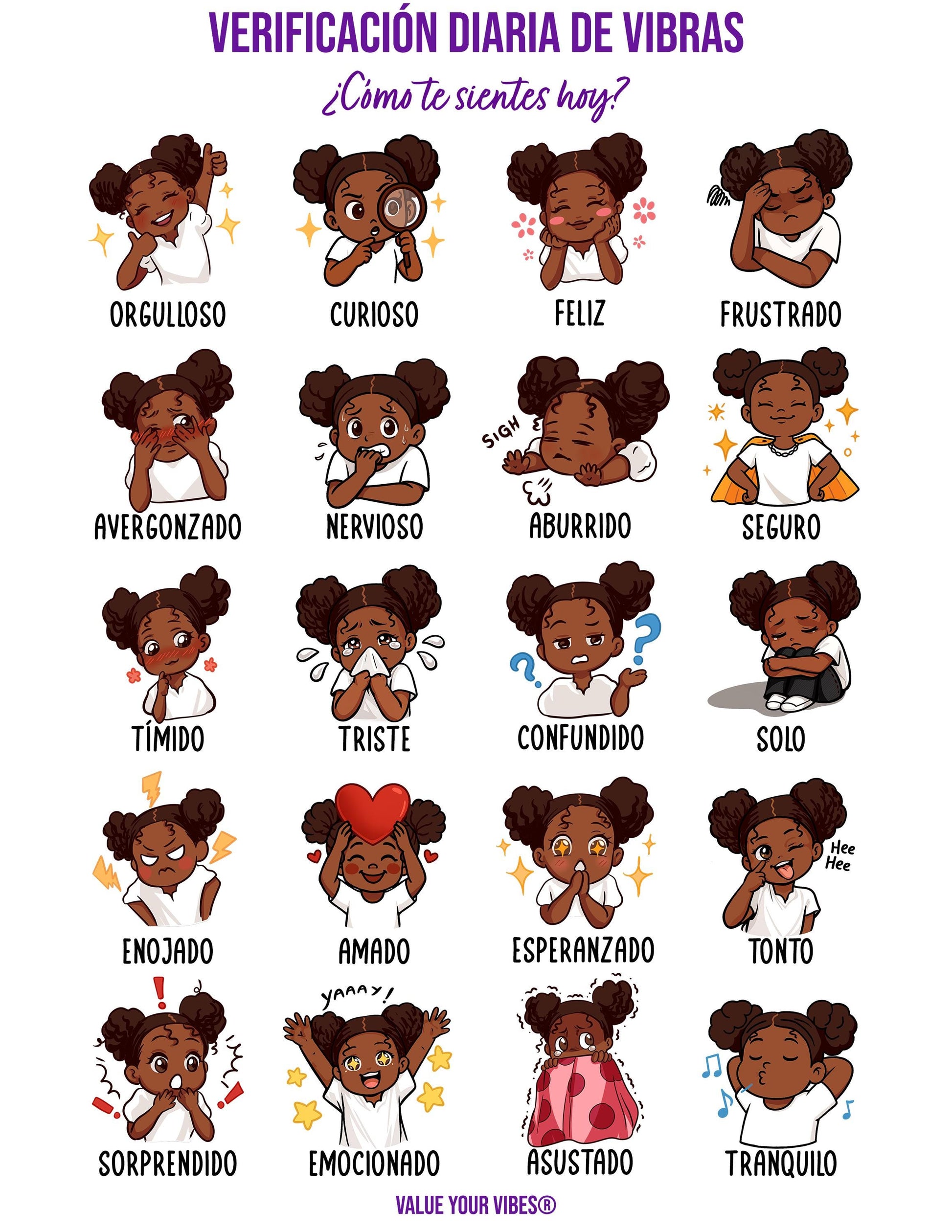 Spanish Feelings Chart for Black Girls: Daily Vibe Check Poster (Downloadable, 5 Sizes)