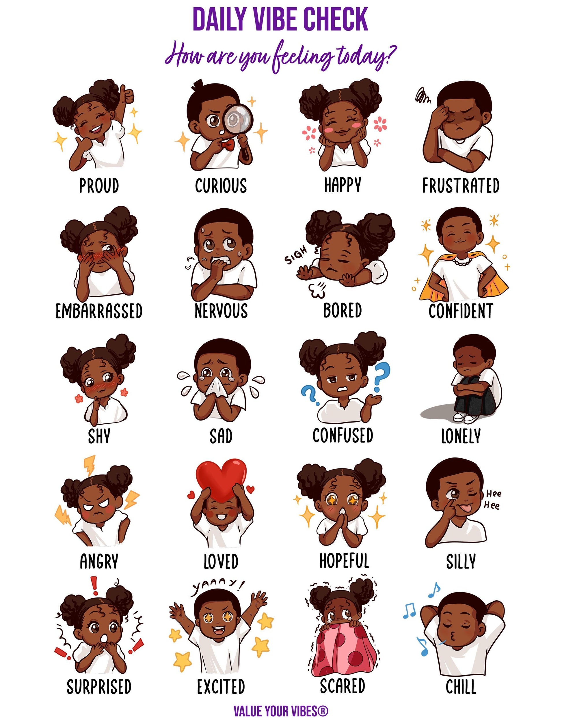 Black Boys & Girls Feelings Chart: Daily Vibe Check, Emotions Poster (Downloadable PDF, 5 Sizes)