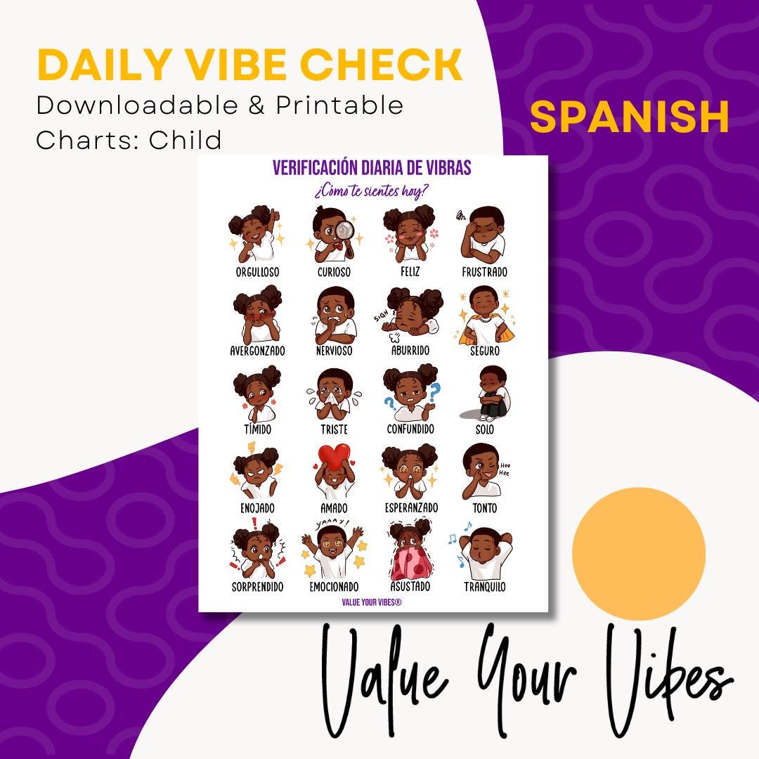 Spanish Feelings Chart for Black Boys & Girls: Daily Vibe Check Poster (Downloadable, 5 Sizes)