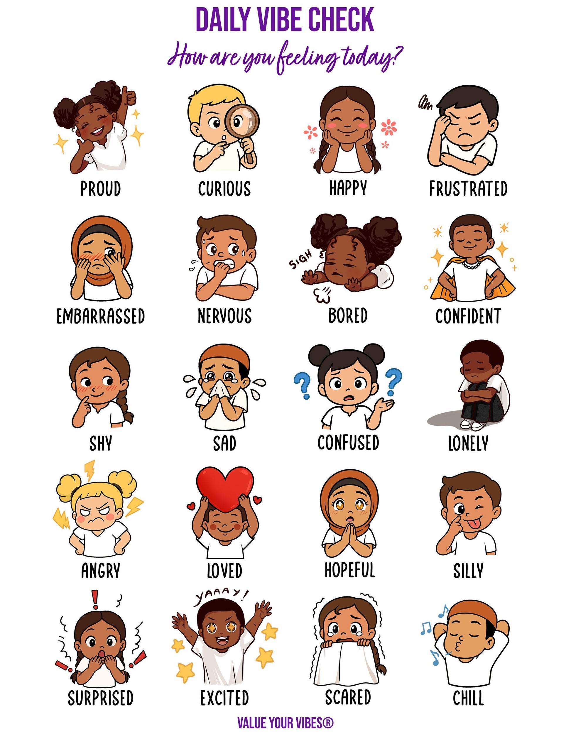 Multicultural Boys & Girls Feelings Chart: Daily Vibe Check, Emotions Poster (Downloadable PDF, 5 Sizes)