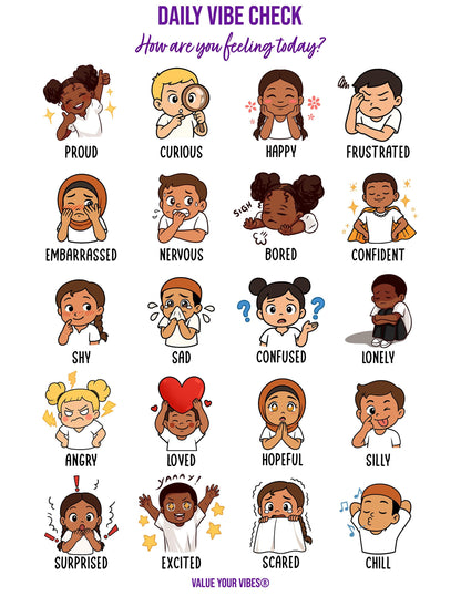 Multicultural Boys & Girls Feelings Chart: Daily Vibe Check, Emotions Poster (Downloadable PDF, 5 Sizes)