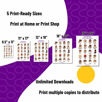 Daily Vibe Check Charts - Multicultural Child Feelings Chart (Digital Download, 5 Sizes)
