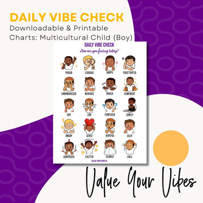 Daily Vibe Check Charts - Multicultural Child Feelings Chart (Digital Download, 5 Sizes)