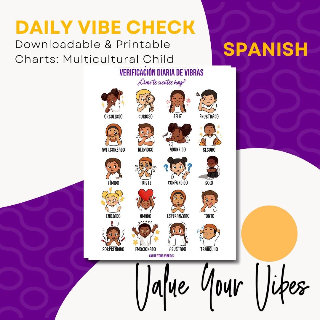 Daily Vibe Check Charts - Multicultural Child SPANISH Feelings Chart (Digital Download, 5 Sizes)