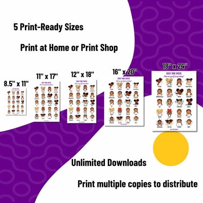 Daily Vibe Check Charts - Multicultural Child Feelings Chart (Digital Download, 5 Sizes)