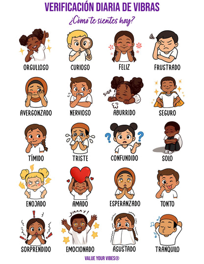 Daily Vibe Check Charts - Multicultural Child SPANISH Feelings Chart (Digital Download, 5 Sizes)