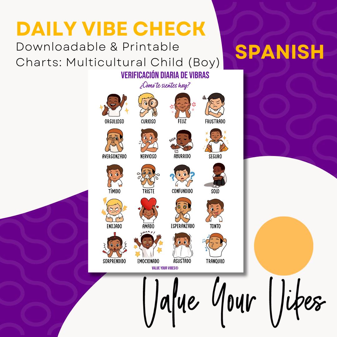 Daily Vibe Check Charts - Multicultural Child SPANISH Feelings Chart (Digital Download, 5 Sizes)