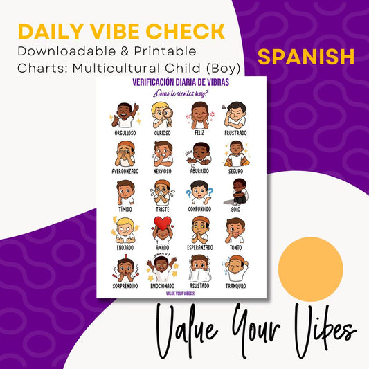 Daily Vibe Check Charts - Multicultural Child SPANISH Feelings Chart (Digital Download, 5 Sizes)